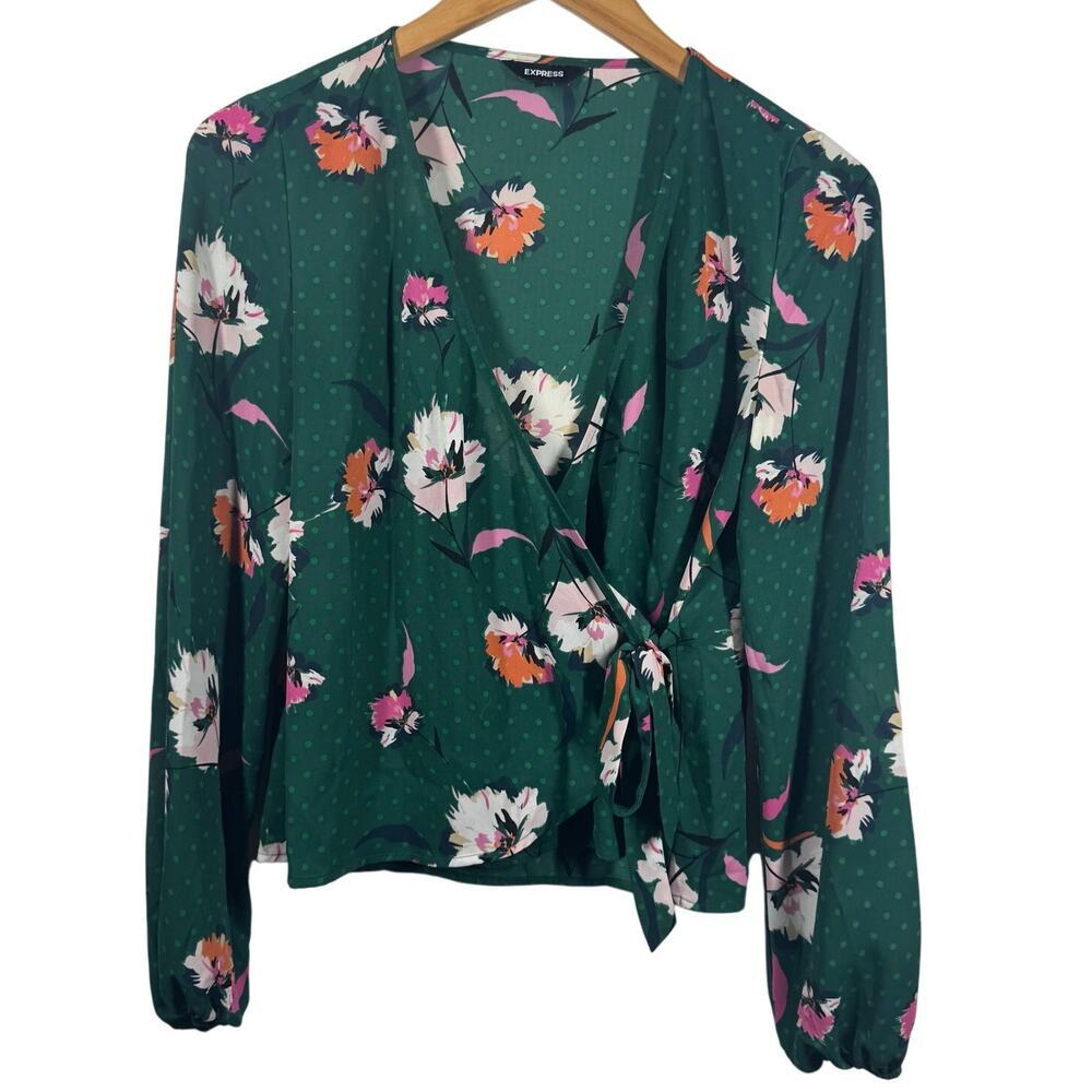 Express Top‎ Women Size XS Green Floral Wrap Polka Dot Floral Long Sleeve Sheer